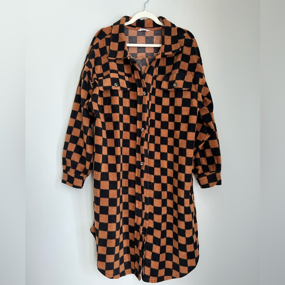 Checkered Black and Brown Long Fleece Shacket